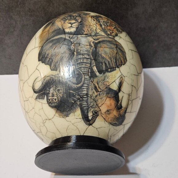 Decoupage Ostrich Egg African Big Five Crackle Finish On Stand African Art - Picture 4 of 10